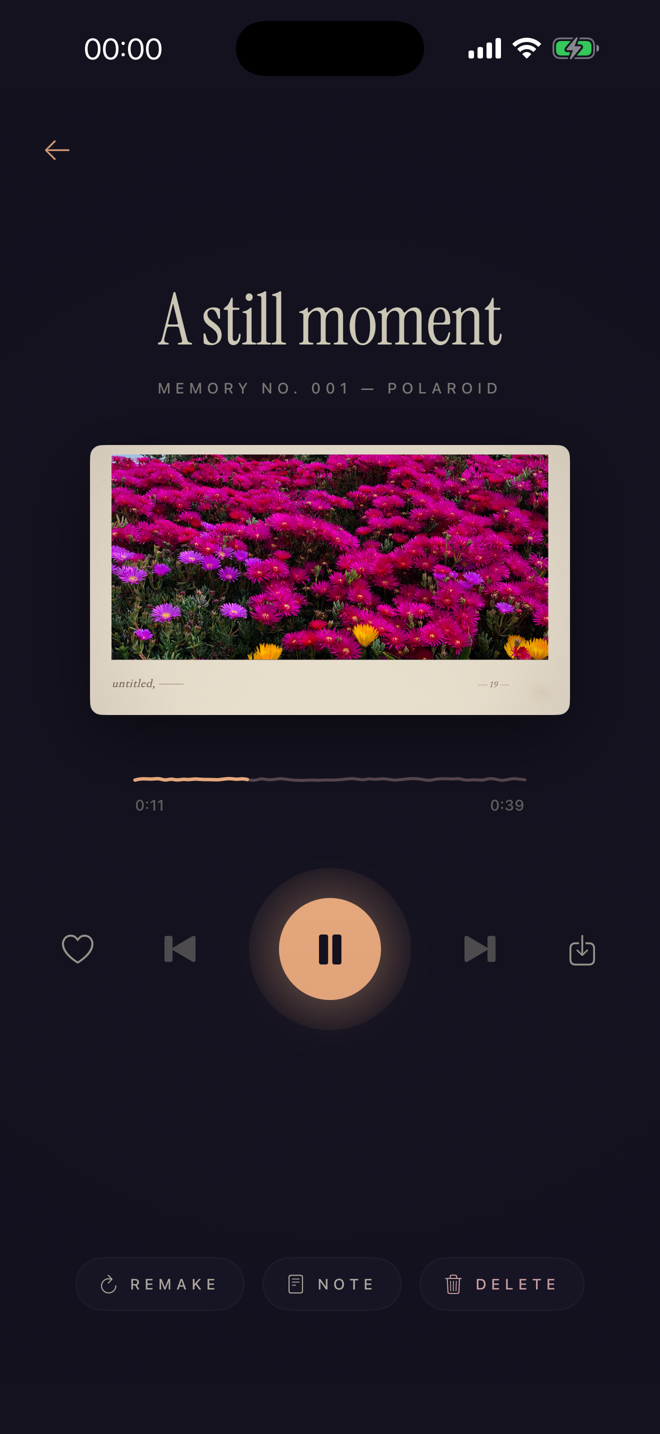 Picture Music listening view with a polaroid-style frame